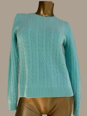 Lauren Ralph Lauren 100% Cashmere Cable Knit Sweater Aqua Mint Blue Size Medium